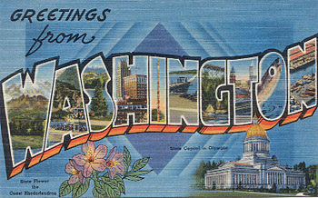 Featured is a Washington state big-letter postcard image from the 1940s obtained from the Teich Archives (private collection).